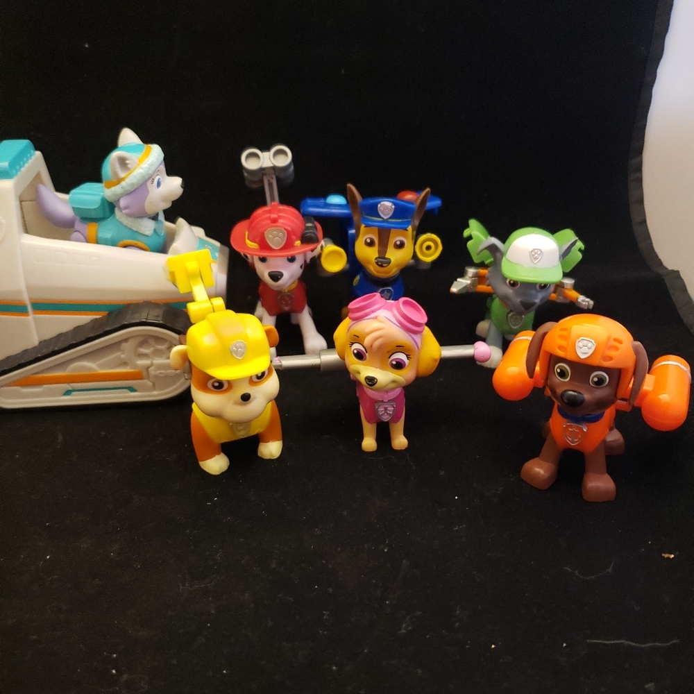 Paw patrol figures and 1 vehicle. Most have the special button to activate